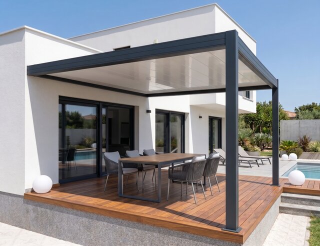 Pérgola de techo fijo sándwich CERCA adosada a una vivienda moderna, funcionando como porche